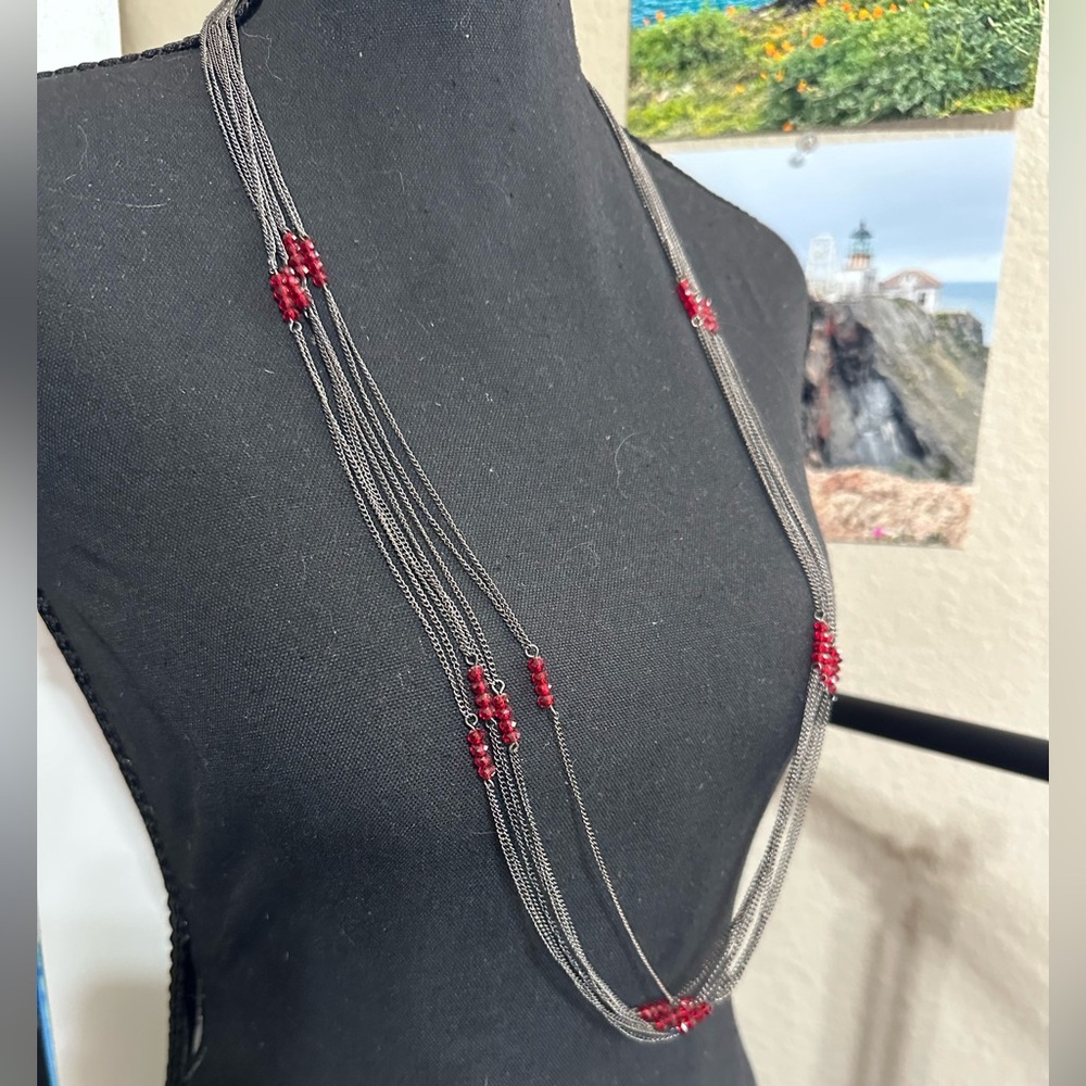 Multi-Strand Gun-metal Silver Tone Necklace with Red Crystal Bead Accents 36”